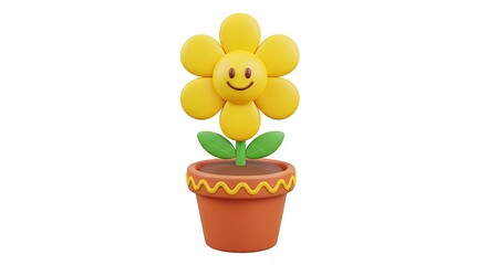 A cartoon yellow flower with a smiling face in a brown terracotta flowerpot