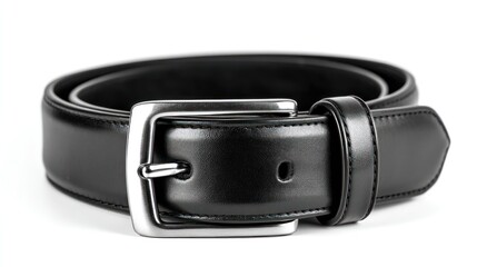 Front view of a classic black leather belt with silver buckle, isolated on white background, product photography style