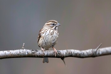 Fototapeta premium A sparrow perched gracefully on a branch, showcasing its detailed feather patterns against a soft background.