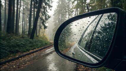 Side mirror of a car covered in raindrops — distorted reflection of forest