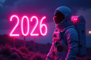 A person in a space suit standing in front of a bright neon sign, representing futuristic or sci-fi scenes..New Year 2026.