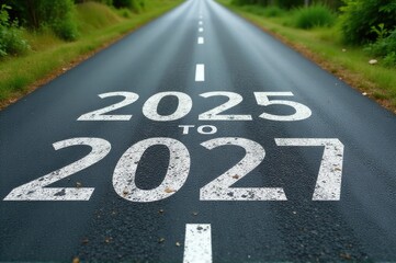 Obraz premium A road sign showing the distance from 2021 to 2025..New Year 2026.