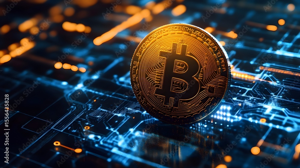 Aufkleber bitcoin on digital display: a close-up shot of a physical bitcoin, presented against a backdrop of i