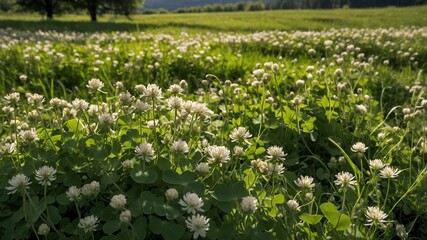 Vibrant Green Meadow Filled With White Clover Flowers Under Bright Sunlight in Early Summer Showcasing the Beauty of Nature
