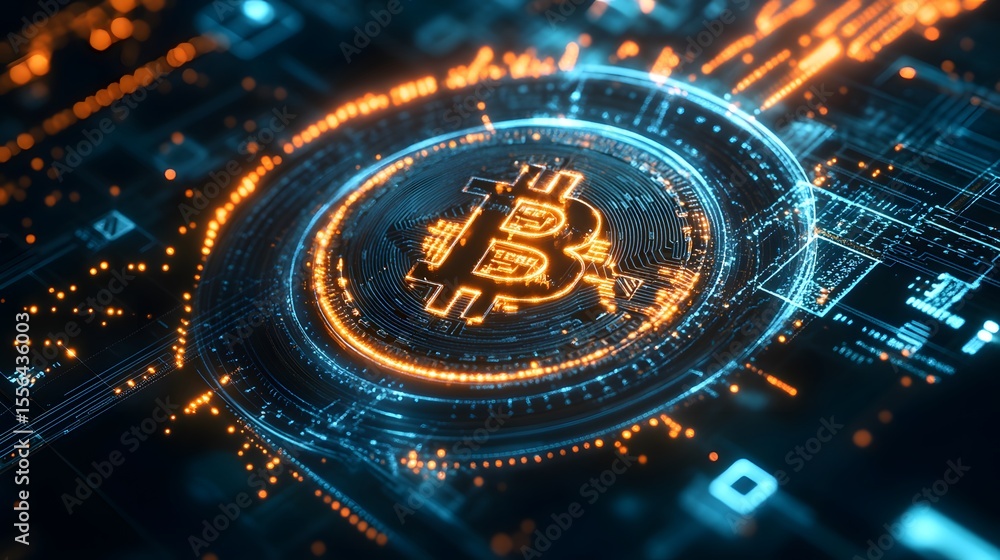 Aufkleber bitcoin digital circuitry: a detailed illustration of the bitcoin cryptocurrency symbol embedded in 