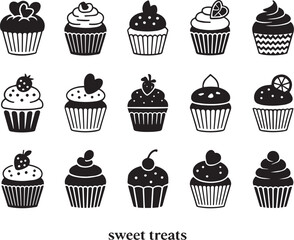 Cupcake Silhouette Icon Set – Black Vector Muffin and Dessert Illustrations for Bakery and Sweet Food Design

