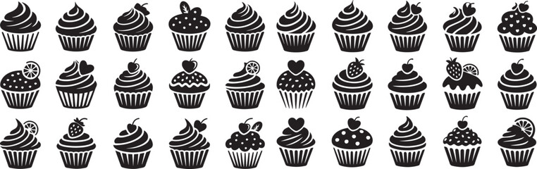 Cupcake Silhouette Icon Set – Black Vector Muffin and Dessert Illustrations for Bakery and Sweet Food Design

