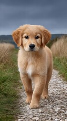 Golden Retriever puppy fluffy running concept. Golden retriever puppy walking along a gravel path surrounded by grasslands under a moody sky.