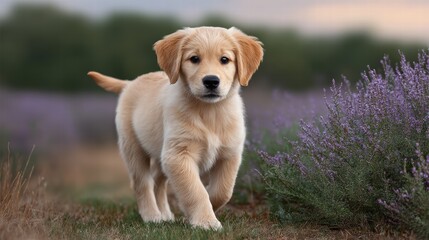 Golden Retriever puppy fluffy running concept. A golden retriever puppy exploring a field of lavender flowers.