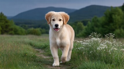 Golden Retriever puppy fluffy running concept. A playful golden retriever puppy joyfully walks along a grassy path in a scenic landscape.