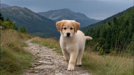 Golden Retriever puppy fluffy running concept. A golden retriever puppy walks along a scenic mountain path surrounded by greenery.