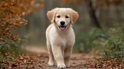Golden Retriever puppy fluffy running concept. A playful golden retriever puppy walks along a scenic trail surrounded by autumn foliage.