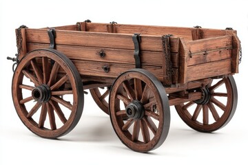 Fototapeta premium A vintage wooden cart with four wheels. The cart is made of dark wood and has a rustic appearance, suitable for agricultural or decorative use.