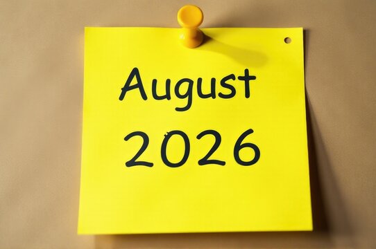 A bright yellow post-it note with the word 'august' written on it, perfect for jotting down reminders and notes..New Year 2026.