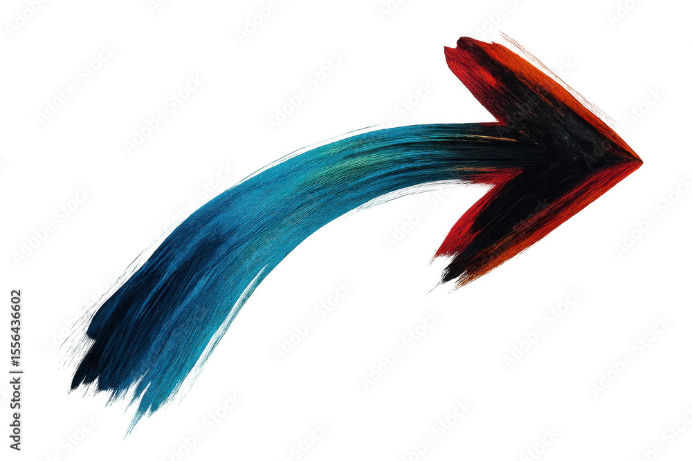 Poster multicolored brushstroke arrow pointing rightward, indicating directional flow and progress, featuri