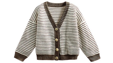 Front view of buttoned cardigan for women, striped pattern, displayed flat, clean white background
