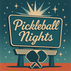 Retro Pickleball Nights Poster with Vintage Sign, Stars, and Paddles Under Night Sky Illustration
