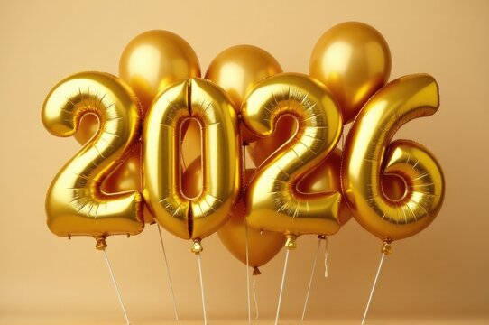 A bunch of gold balloons with the numbers 2016 printed on them, suitable for birthday party decorations or celebration scenes..New Year 2026.