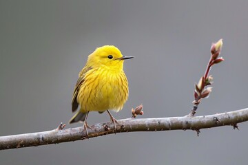 Obraz premium A vibrant yellow songbird perched gracefully on a twig, surrounded by a muted background.