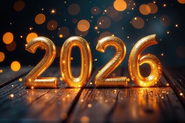 Wooden table with gold numerals, perfect for events or presentations..New Year 2026.