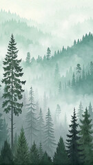 Fototapeta premium Misty evergreen forest watercolor trees