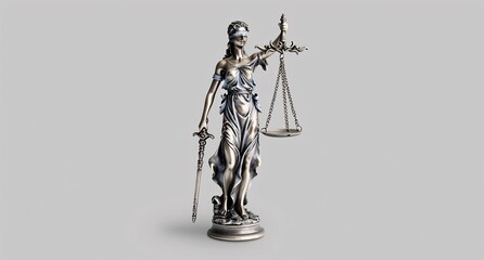 A detailed bronze statue of Lady Justice with scales and sword, symbolizing law and fairness.
