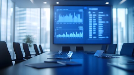 Boardroom Brilliance: An expansive boardroom, bathed in a cool, futuristic blue, featuring a large screen displaying dynamic graphs, representing a company's financial analysis.