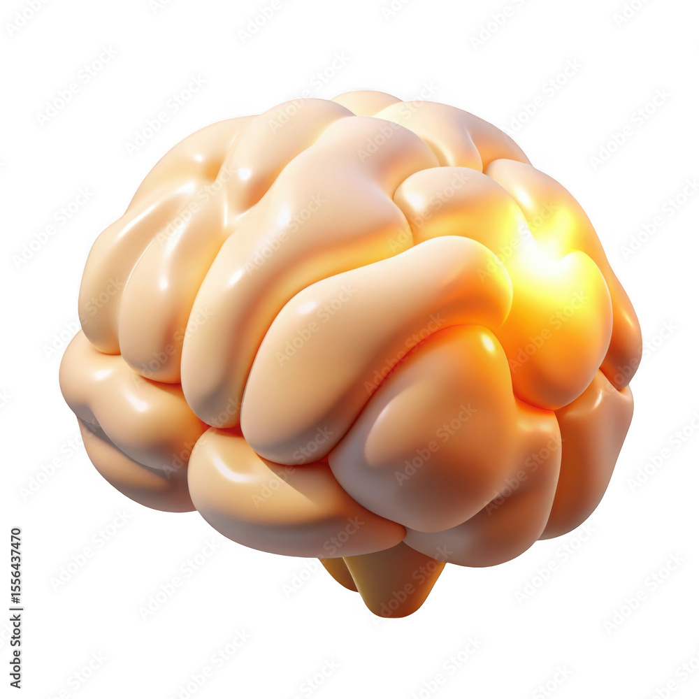 Poster stylized 3d rendering of a smooth glossy brain with a bright yellow glow isolated on transparent bac