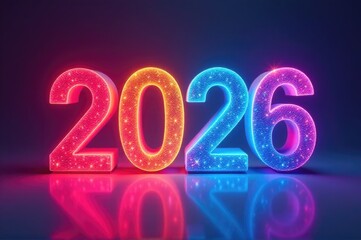 A neon sign with the digits '2016' reflected on a shiny surface..New Year 2026.