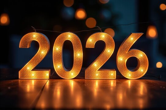 A lighted sign with the year 2020 written on it, placed on a table..New Year 2026.