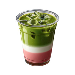 Iced matcha latte with strawberry isolated on transparent background