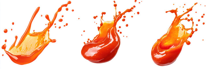 Cutout of set of 3 combinations of bright red ketchup and fiery hot sauce splashing on isolated PNG transparent background