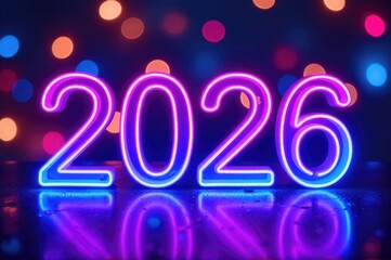 A neon sign with the date 2026 displayed on a table, useful for event or calendar themed projects..New Year 2026.