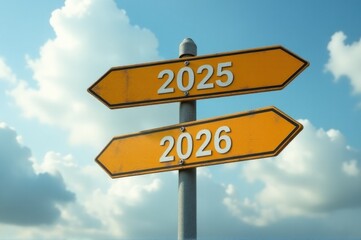 Two street signs with arrows pointing in opposite directions on a city street..New Year 2026.