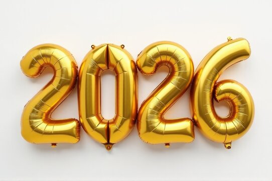A colorful arrangement of gold foil balloons forming a numerical sequence..New Year 2026.