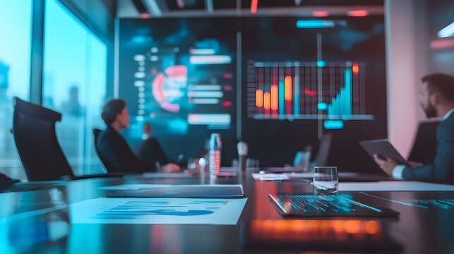 Corporate Strategy Session: Executives intently analyze financial data displayed on a large screen during a board meeting, emphasizing strategic planning and business development.