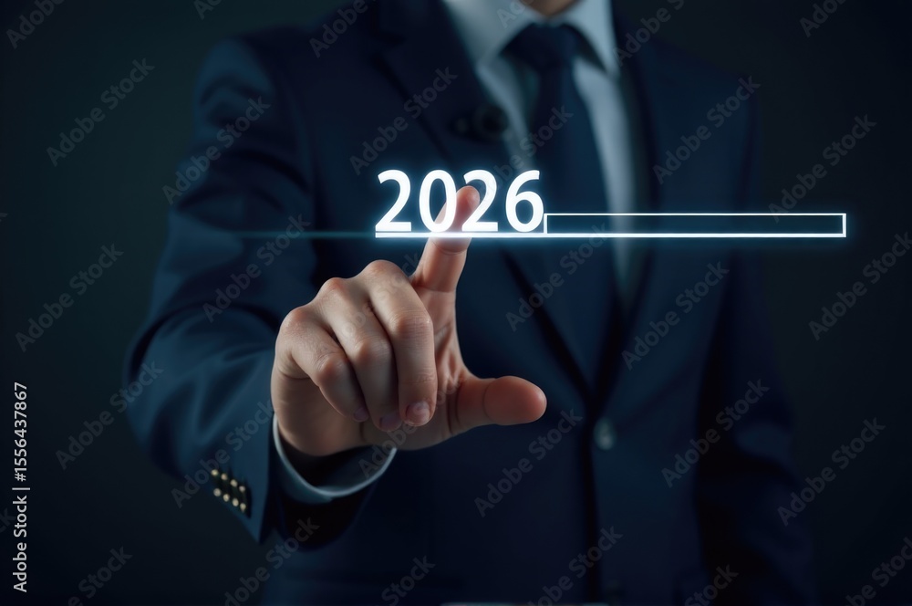 Poster a businessman touches a button on a virtual screen, ready for the next task..new year 2026.