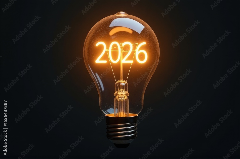 Poster a vintage-style lamp with a glow-in-the-dark filament and the date 2016 inside..new year 2026.