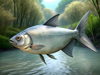 Fototapeta premium Stunning 3D Render of a Silver Fish in a Tranquil River Setting