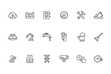 Line icons of construction tools equipment including a saw wrench hammer excavator more