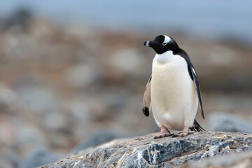 Naklejka premium A solitary penguin stands on rocky terrain, showcasing its distinctive black and white plumage against the blurred background.