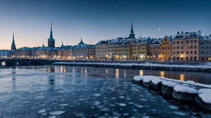 Naklejka premium Beautiful Winter Landscape of Stockholm at Twilight With Icy Water, Illuminated Buildings, and a Clear Sky Full of Stars