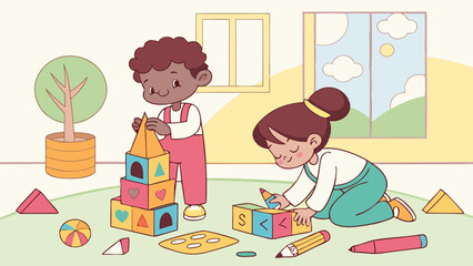 Preschool activity scene with blocks  crayons | premium modern vector for business and education without text