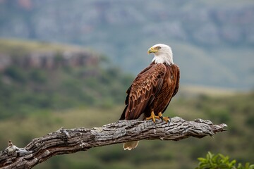 A majestic bald eagle perched on a weathered branch, overlooking a serene, blurred green landscape.