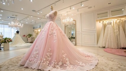 Elegant Pink Wedding Dress with Lace AppliquÃ©s in Bridal Shop, Couture , Gown