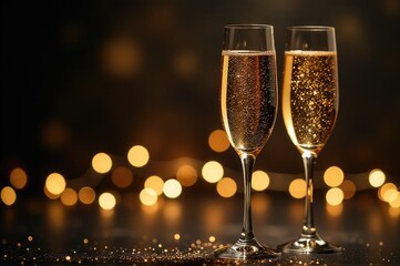 Two glasses of champagne sitting on a table with colorful lights in the background, ideal for party or celebration images..New Year 2026.