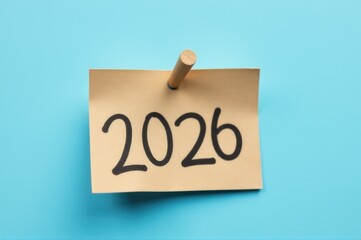 A note stuck to a blue wall with the year 2020 written on it..New Year 2026.