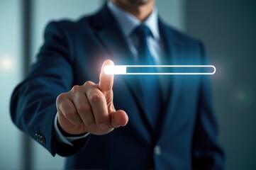 A person wearing a suit is pressing a button, suitable for use in corporate or business settings..New Year 2026.