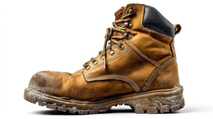 Front-facing work boot with reinforced toe, rugged sole, isolated on white, high-resolution