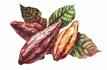 Vector illustration of cacao fruit and leaves on white background 